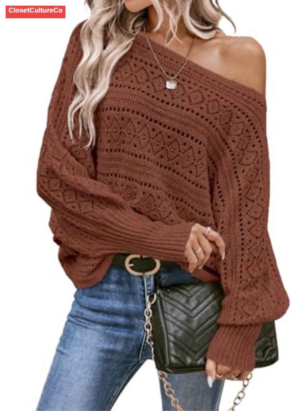 Crochet Dolman Sleeve Off Shoulder Sweater Oversized Boat Neck Pullover